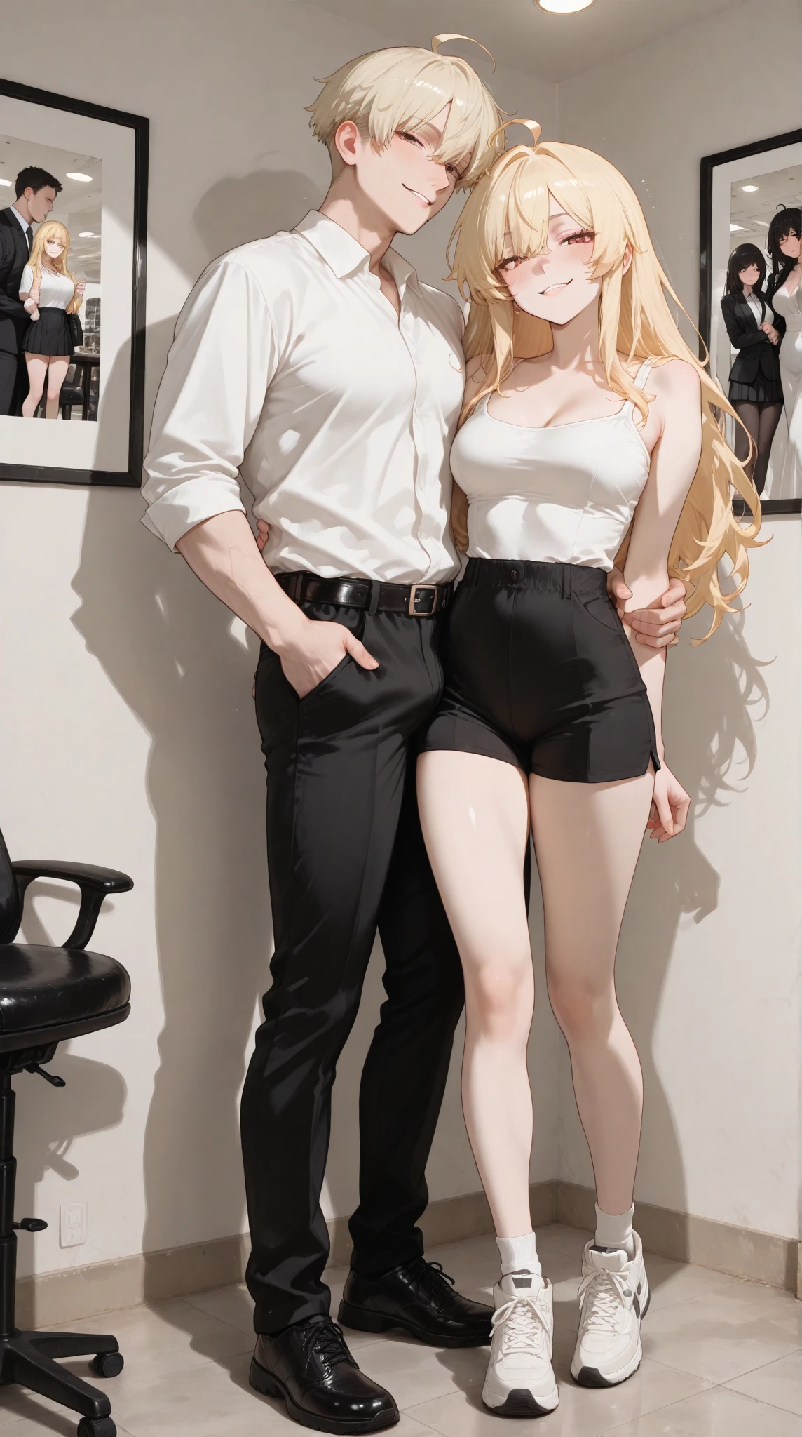 photorealistic high-quality medium shot picture, Jenna Ortega posing near a Christmas tree with her husband, (((Female is a ta black mini dress and platino 15 denier black sheer pantyhose))), (((Male (husband has blonde hair) and is wearing a suit, shirt and tie with suit pants))), arms are around each other