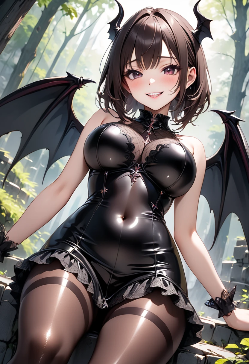 (((little devil costume), (black Devil wings), (black devil tail), (latex skirt), (pantyhose), corset costume)), skinny, solo, 1 woman, Masterpiece, highest quality, highest quality, 16K, incredibly absurd, highly detailed, 2.5D, ai-generated, delicate and dynamic, very delicate facial expressions, delicate eye depiction, erotic, only sexy woman, ((A cute and kind face)), healthy figure, ((25-year-old woman)), 160cm tall, medium firm swaying bust,, blush, Sweat,Embarrassed,sexy, ((thin thighs)), (camel toe:0.5), (visible nipples:0.8), (Erect nipples,:0.5), shiny and lustrous, facing straight at viewer, smile, ((Oily_skin)), dutch angle, ((erotic pose)), Dynamic poses,On the bright cobblestones, (Close-up),