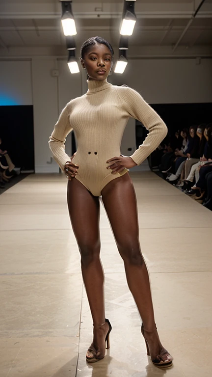 afro skinny woman. muscle legs. Fashion show with beautiful and original clothes