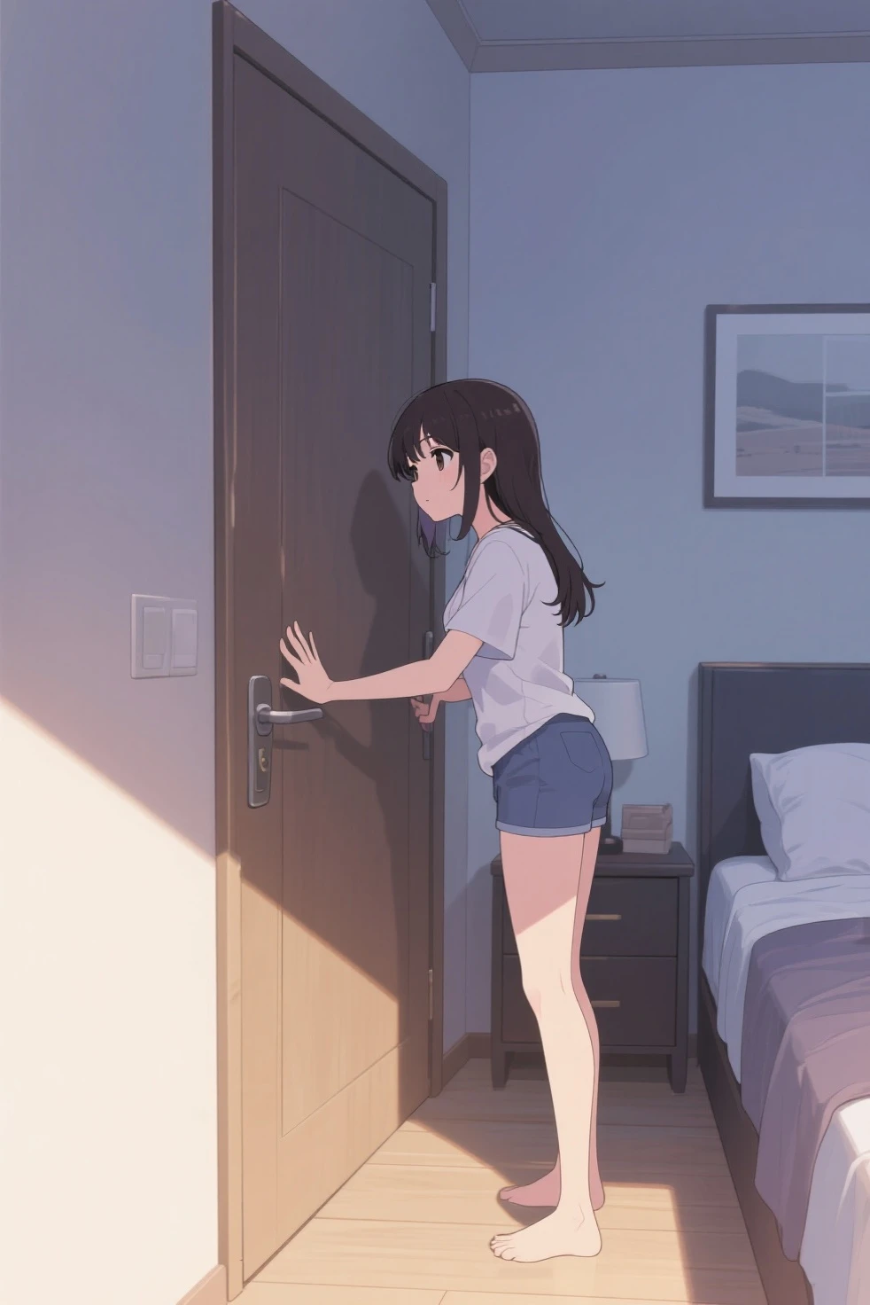 Girl leaking urine Light blue sports shorts Lying in bed blushing Shyness and embarrassment Sweating profusely Covering the crotch with one hand and putting one hand on the bed, clothes(0.2)