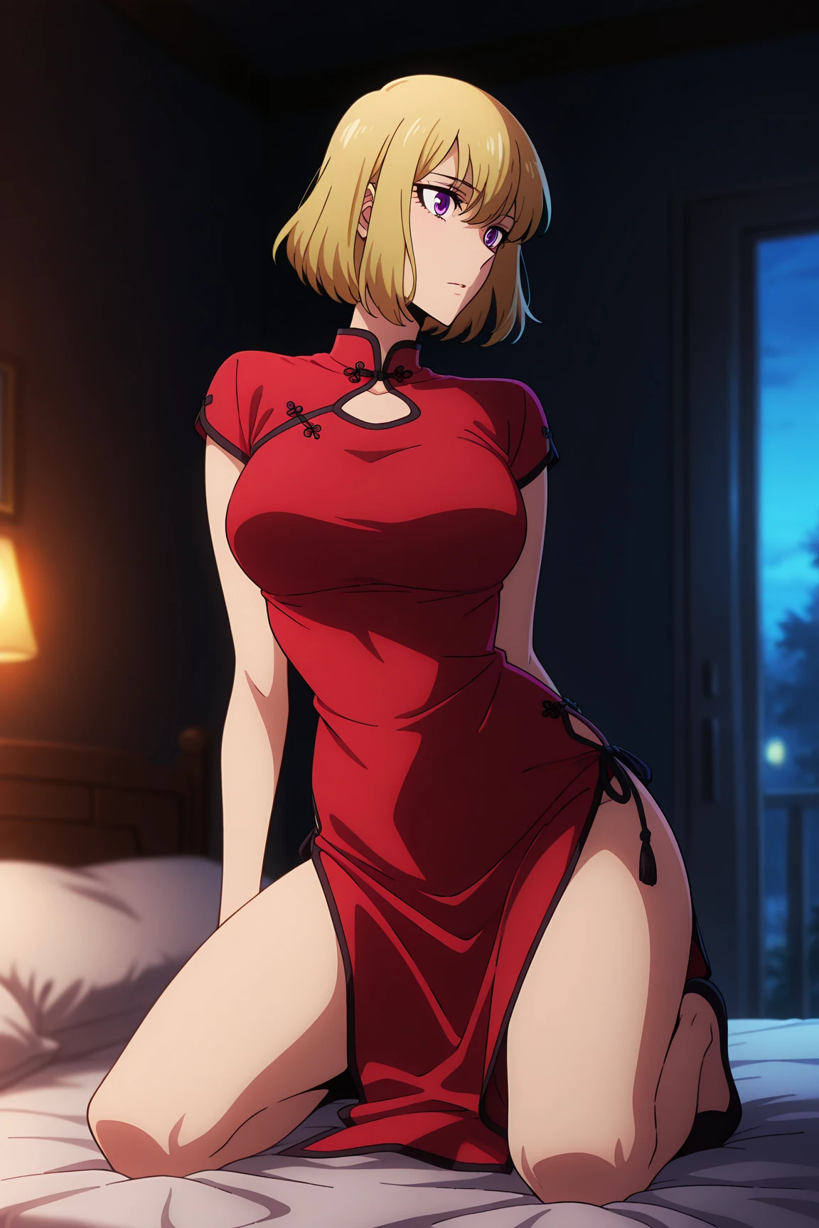 beautiful, black dress, plunging neckline, blonde hair, short hair, purple eyes, breast curtains, big breasts, pelvic curtain, sexy, sensual.