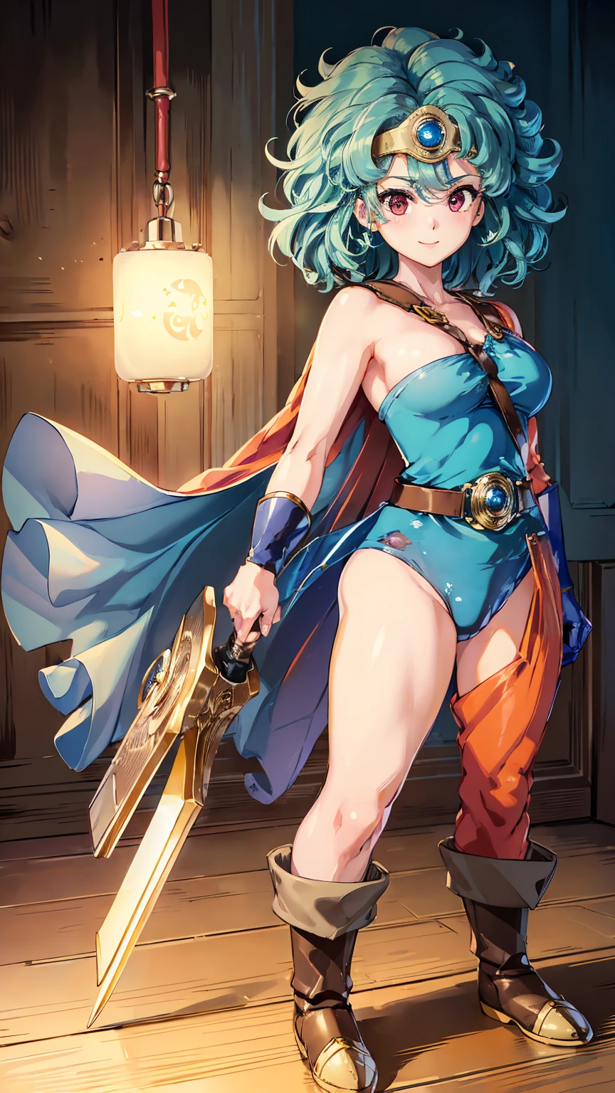 1girl, Solo, rebecca, anime style, , bikini armor, pink hair, pink eyes, armor, cape, large breasts, long hair, cleavage, glovl, boots, shiny skin, helmet, smile, standing