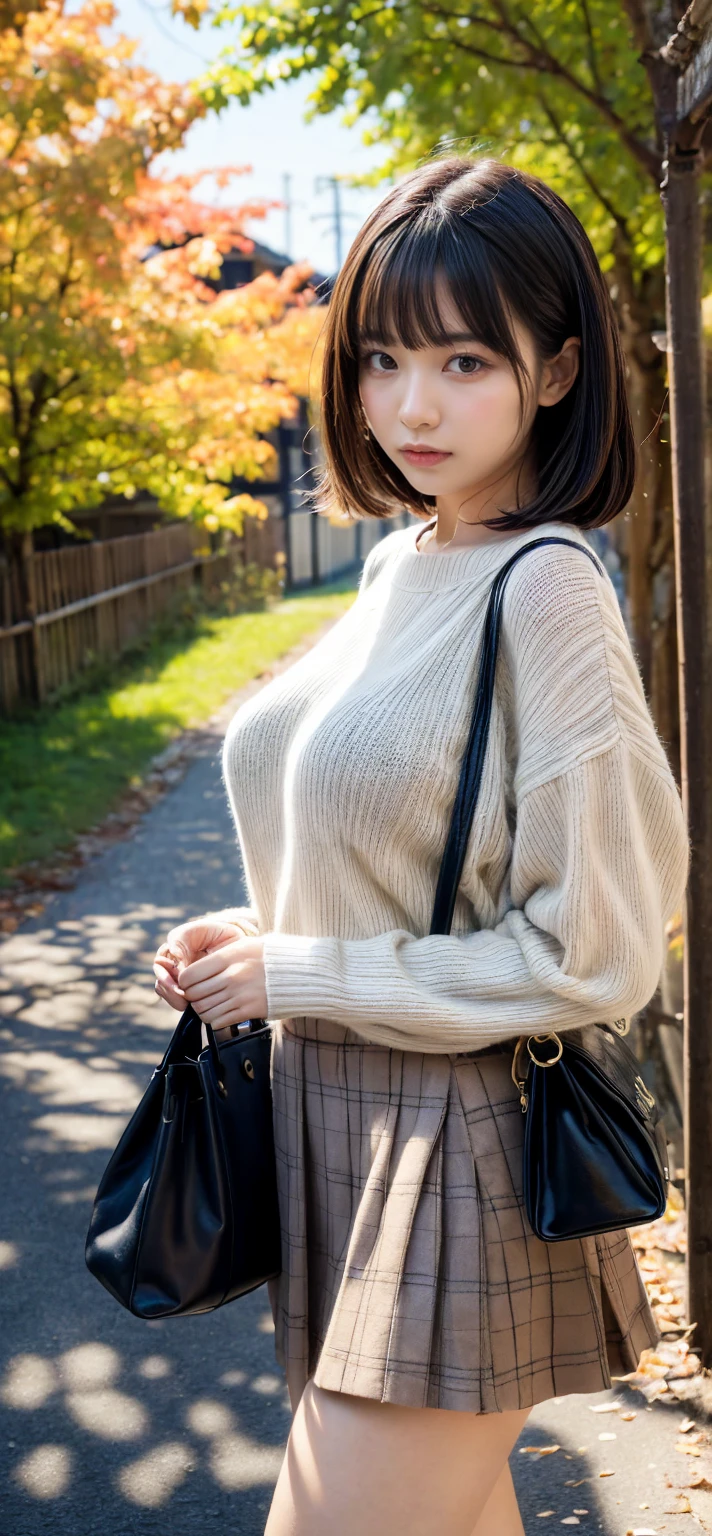 (Raw photo, Best Quality), (Realistic, Photorealsitic:1.3), masutepiece, Extremely delicate and beautiful, Soft light, (Brown hair,Bob Hair, layers-Cut), Beautiful detailed girl, (Detailed fingers), extremely detailed eye and face, beautiful detailed nose, Beautiful detailed eyes, 1 girl, Japanese, Neat and clean beauty, Cute, 年轻, Sweaters, (Half body:1.3), (medium breasts), Realistic face, Realistic body, Outdoors