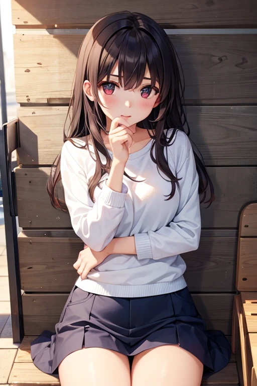 Anime girl with cat ears and pink skirt posing for a photo, she has dark gray hair with long braids, dwarf girl, bottom view, blushed, no panties, I see your pussy, sitting on the wooden floor next to the wall, spread her legs, small pussy, close-up