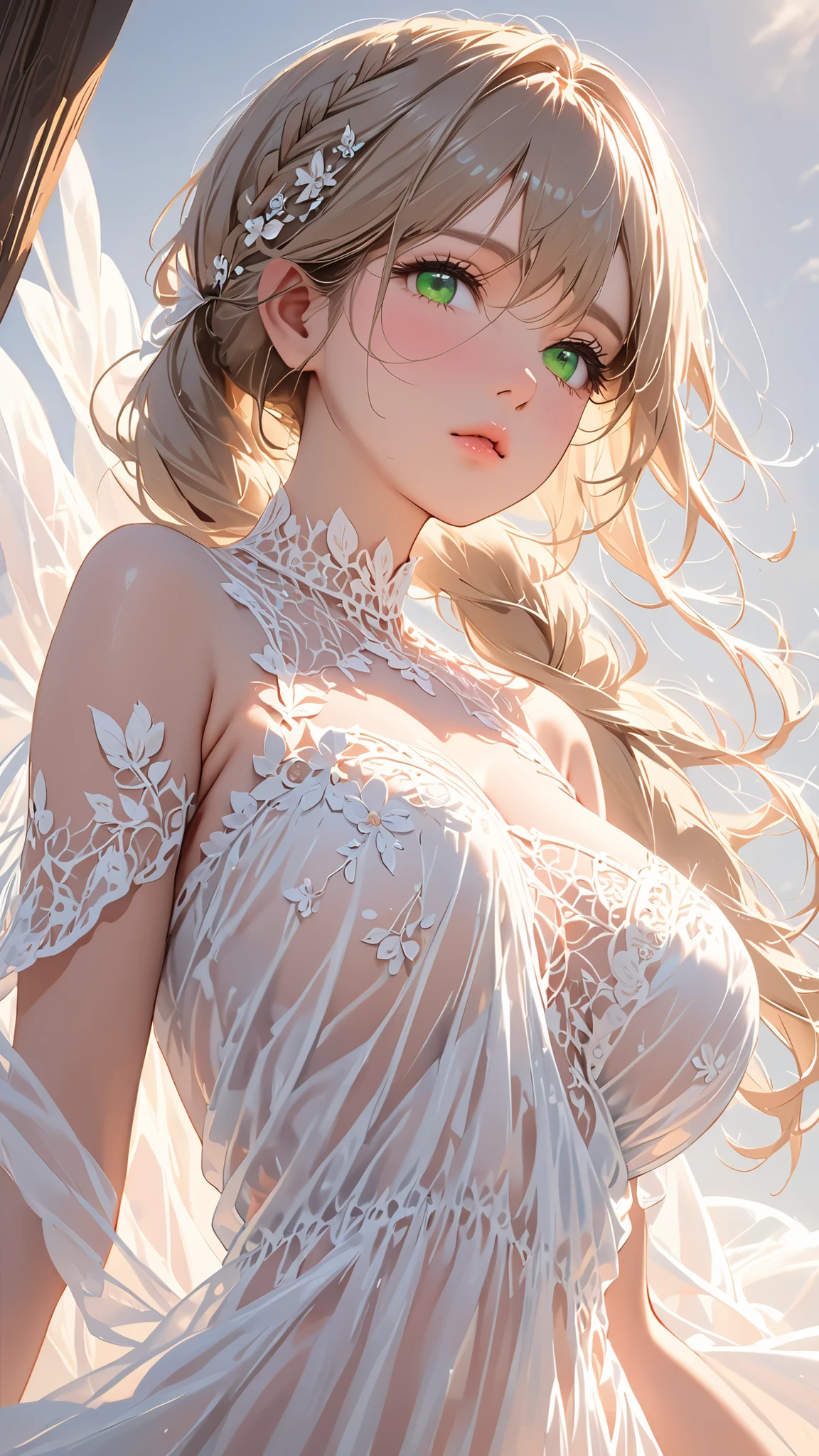 ((Highest quality)),(Ultra-high resolution),(Very detailed),(Detailed Description),((The best CG)),(A masterpiece),Ultra-detailed art,Amazing painting art,(Works with precise details:1.5), (1 female:1.6),(Beautiful and well-proportioned face:1.5),(Curly Hair:1.6),(Intricately detailed lace dress:1.8),Fine jewellery with exquisite detailing:1.5,Waist Accessories:1.5,Look at me and smile:1.5, Antique furniture:1.6, (See-through nipples:1.5),, Angel Girl, (((wing))), One girl,I landed on the balcony,(Golden or silver hair),