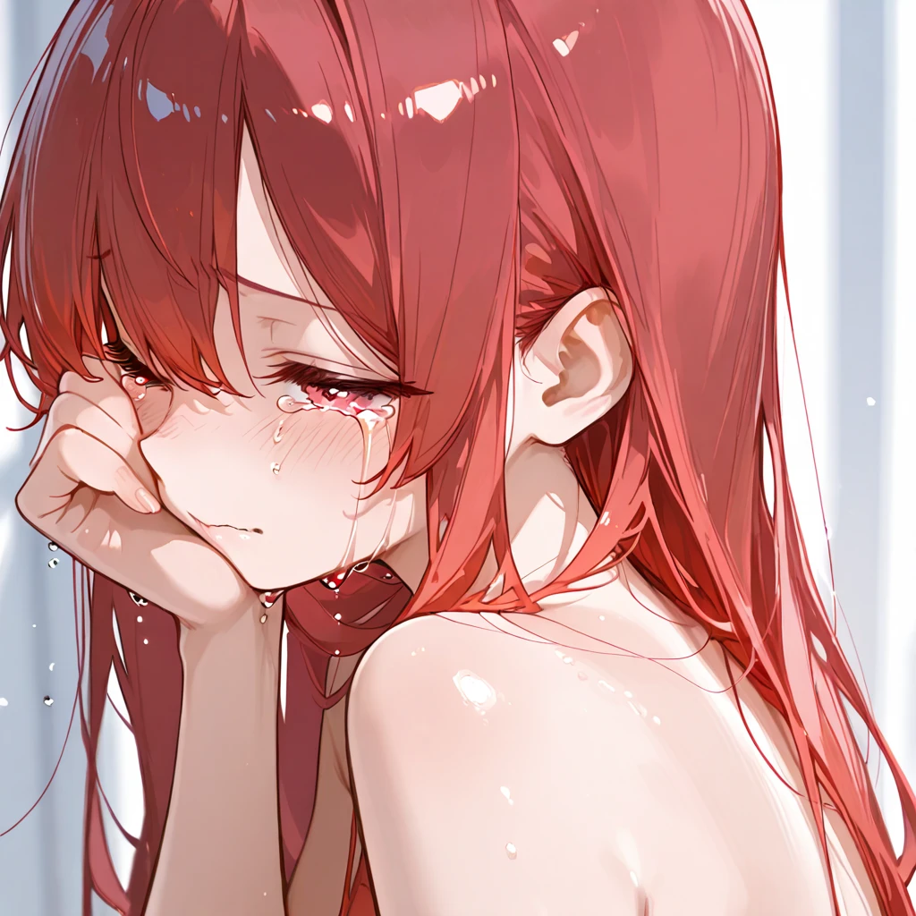 Popular on artstation, 8K resolution, Very detailed, Anatomically correct, Clear images, Digital Painting, Concept Art, Popular on Pixiv, (stupid, Sweating, wet) Shower scene, girl, Red short hair,