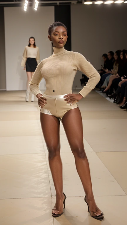 masterpiece, sadie sink, as black girl, topless, ebony, black skin, ultra detailed, ultra realistic, realistic skin, white stockings, very detailed background, white highheels, opulent white lingerie, on runway