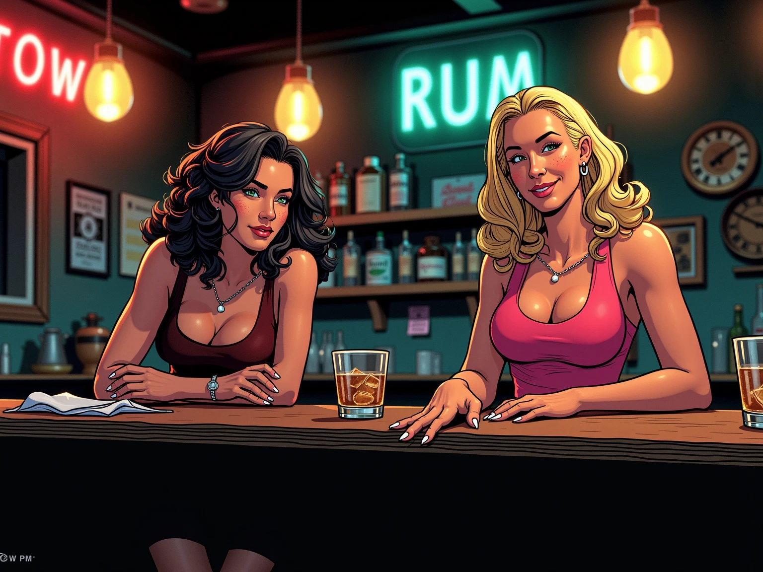 (Muscular:2), (thick thighs:2),
(two drunk females touching and smiling and holding margaritas:2), blunt bangs, (long hair), (adult), beauty mark,
(glasses), earrings, eyeshadow, lipstick,
detailed eyes, (big smile:1.5), (laughing),
(hard nipples), (small perky breasts:1.5),
(choker, sleeveless white button up, cleavage, flared skirt, midriff:1.8), (drunk:1.5),
(upper body view), (looking at viewer), three quarter view,
office, rim lighting, two tone lighting, dimly lit