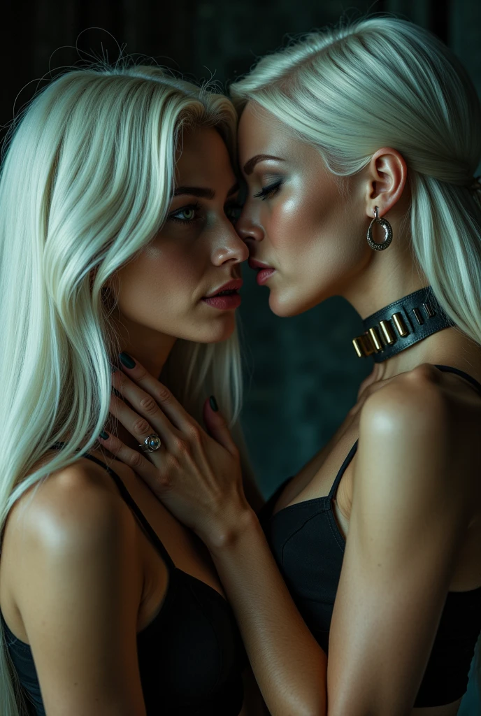 ((Master piece, very realistic, best quality, highly detailed, Frontal view, DELICATE, PORTRAIT, WOMAN 36yo, AESTHETIC)) shallow depth of field, realism, photography, good proportions, narrow depth of field, tilt shift look, bokeh, anamorphic look, cinematic, dark and moody, ((a pale white complexion MODE with short WHITE color hair and bangs and smokey eye makeup, BLACK lips)), wearing black fashion designed by Rick Owens, a dark photograph by Tim Walker and Tom Hoops and Matt Mahurin, a dark liminal space, a desolate seedy hotel room with peeling wallpaper and black painted walls, symbolism, primordial fluids, uneasy feeling, dark occult imagery, melancholic ((very aesthetic)), kiss, kissing