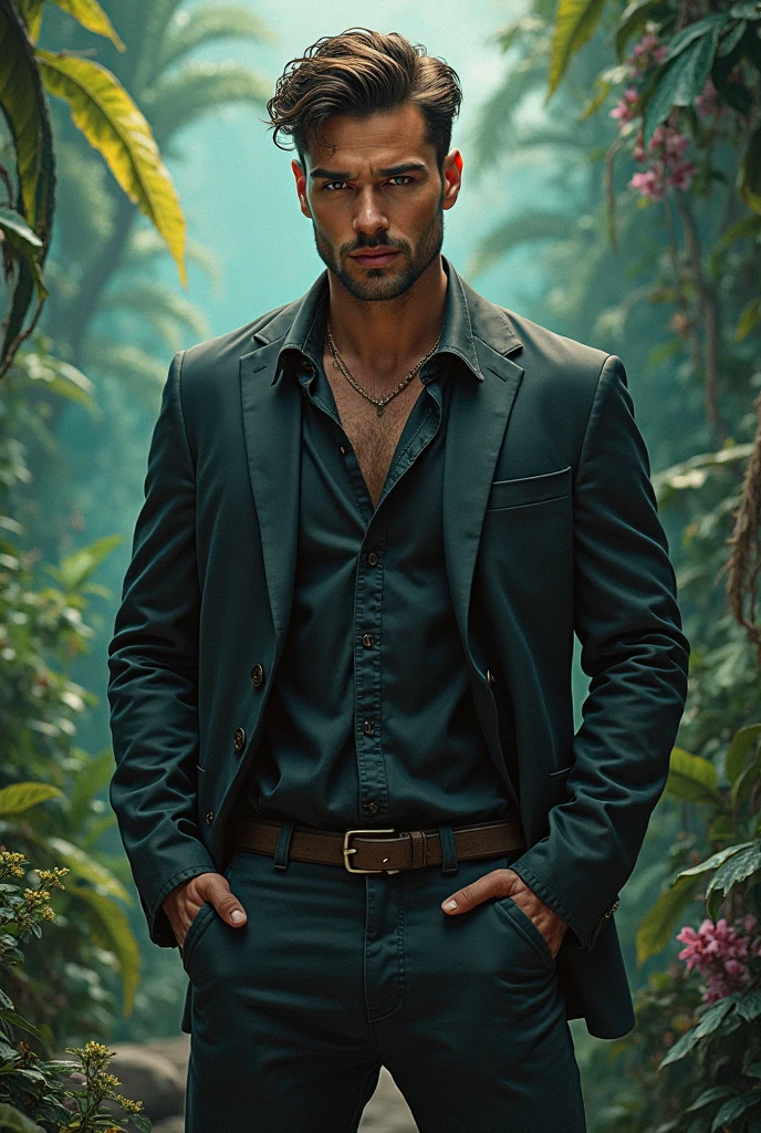 ((Realistic lighting, best qualtiy, 8K, ultra Realistic,masterpiece:1.3)), sharp focus:1.2, of a guy, perfect body, sharp detailed body, realistic face, Highly detailed face, cowboy hat, jeans, shirts, boots, adventurer,explorer,sweating, hiking,full body view((adventurer)),jungles,oases,giant and wet trees, amazon, anaconda, panther, mist, rain