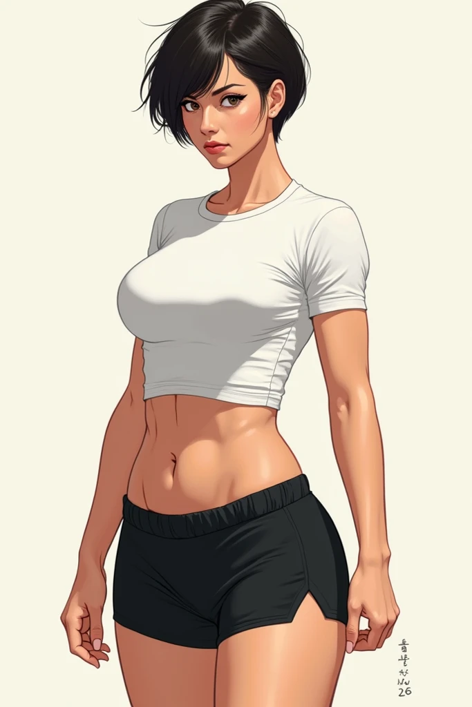 Curvy brunette Latina, lifting up white tank-top to reveal white cotton panties, comic book art style, intricate details