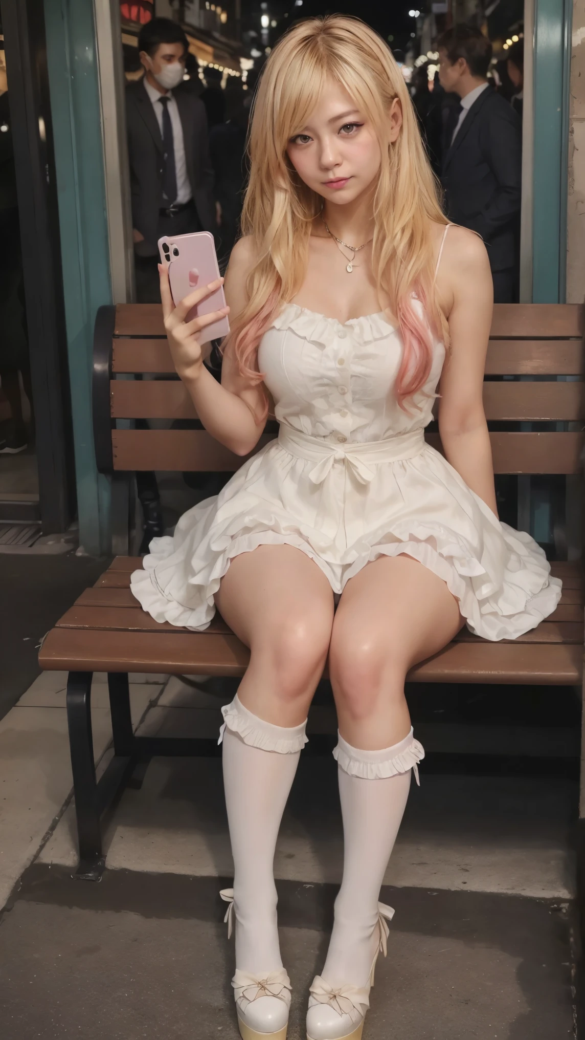 (8k, best quality, masterpiece:1.2), (realistic, photo-realistic:1.37), ultra-detailed, 1 girl,cute, solo, ,beautiful detailed eyes, messy hair,sundress, thick thighs, smiling, looking at viewer, , pink hair, black lips, black lipstick, goth, barefoot, voloptulous, sitting on a train