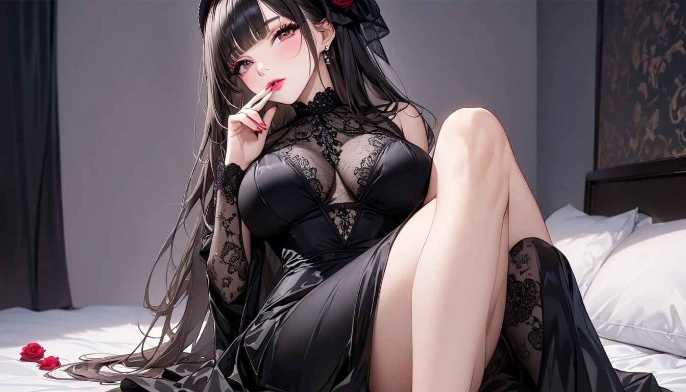 guweiz, artwork in the style of guweiz, guweiz masterpiece, loish and wlop, yanjun chengt, wlop loish and clamp style, wlop art, kawaii realistic portrait, the style of wlop, cute detailed digital art, stunning anime face portrait,((high quality)), ((masterpiece)), 8k, 1 boy, extremely detailed CG unity 8k wallpaper, looking at viewer, springy hair, about 15 years old, handsome without gender, white skin, black hair, Korean male hairstyle, wearing vest, shorts, stockings, boots, luxury apartment, noble, arrogant smile, light smile, beautiful like a doll, black dress, fighter, fine detailed eyes, detailed face, fine quality eyes, realistic lighting, backlight, face lights, ray tracking, cold, murky beauty, like a child, strangely beautiful eyes,light pink lips, sitting on sofa, red sofa, wine glass in hand, sitting cross-legged, noble girls as background, mysterious smile, cunning, full body