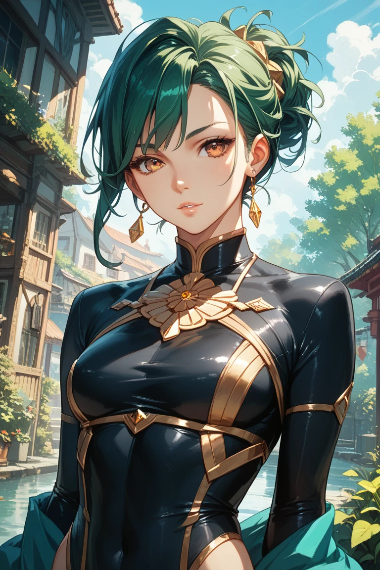 Female office worker, (kint top a white), ((tight skirt)), stockings,, mechanical knee joint, ((triangle shaped tie)), ((black pantyhose)), ((deltamon_beta:1.5)), (carrying a backpack), (a tail growing from the butt), break, short hair, ((green hair1.5)), (cat ears a green), bob cut, (((4 defined fingers))), (((1 defined thumb))), (looking at viewer), break, sexy, ((solo)), (1 woman), ((25 years old)), ((highest quality)), ((masterpiece)), (familiar), skindentation, perfect face, 8k , (upper body:1.5), break, break, blue eye, beautiful princess, smail, medium breasts, perfect limbs, (visible nipples:0.7), (camel toe:0.5), sexy, (sexy pose), ((metallic costume)), (dutch angle), from below, dynamic pose, arms behind back, Inside a city building or office,