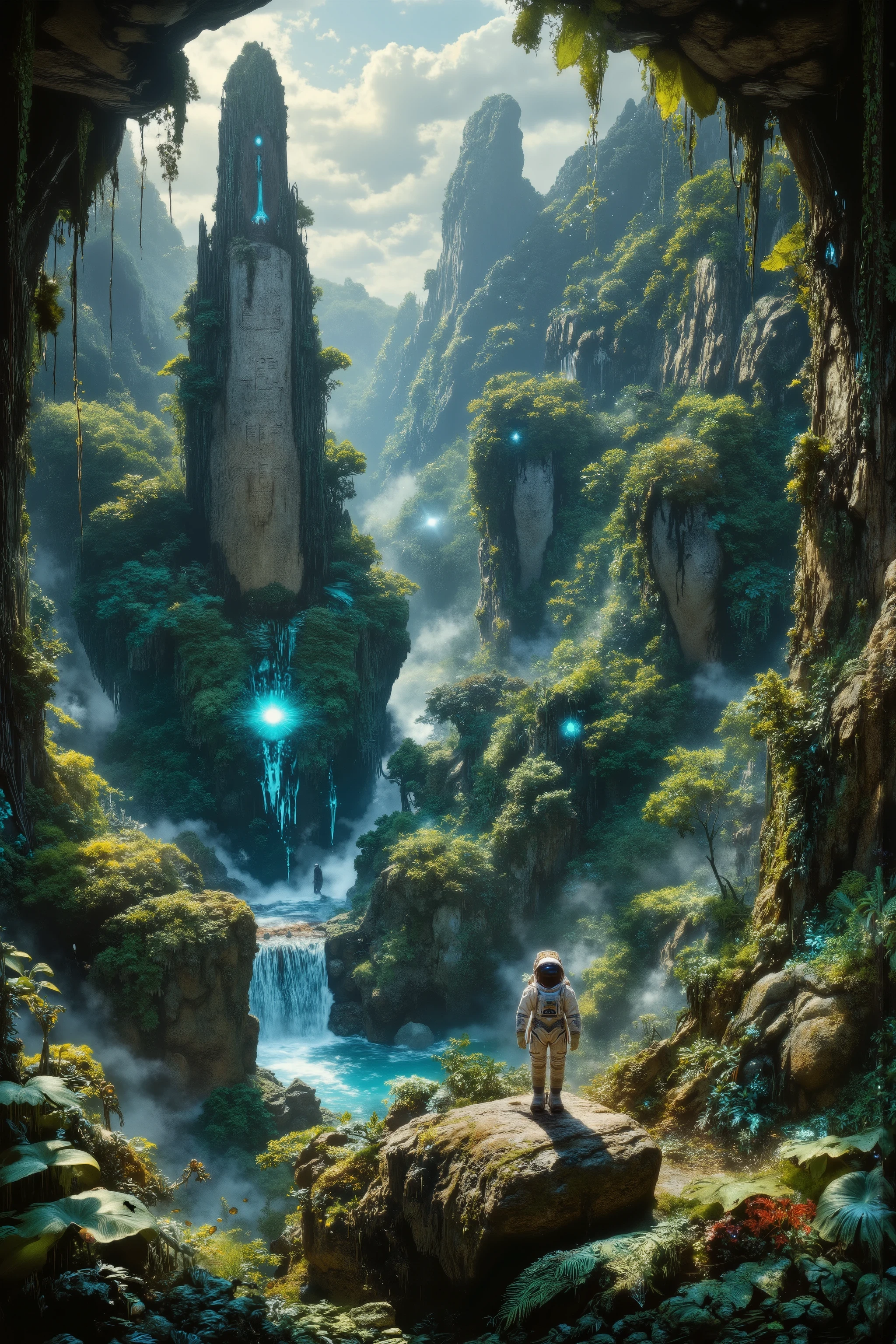 An overgrown alien jungle where time slows, a lone astronaut stands by a waterfall surrounded by vines and crystalline leaves that pulse with rhythmic light, ancient stone ruins with alien glyphs are partially consumed by plant life, sunbeams scatter across the mist, hyper-detailed landscape, lush colors, ultra-HD, time-bending nature design, fantasy sci-fi fusion.