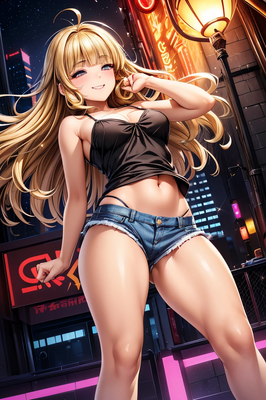 masterpiece, best quality, 1girl, solo, nice hips, slut, slutty bimbo clothes, medium breasts, smile, blonde, slut, young girl, bratty girl, wide hips, pink tube top, shorts, midriff, hip sway, slutty dancing, nightclub, neon lights,