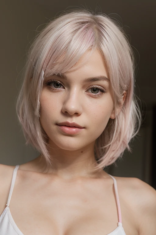 Photo of a stunningly beautiful 18-year-old girl with pastel-colored hair and freckles scattered playfully across her nose and cheeks. The close-up shot captures her youthful charm and natural beauty, showcasing her young, full lips and gentle, expressive eyes. Her nude torso is subtly revealed in the ultrarealistic, high-resolution 8K or 4K DSLR image, with a focus on textured skin and intricate details, emphasizing her natural allure.