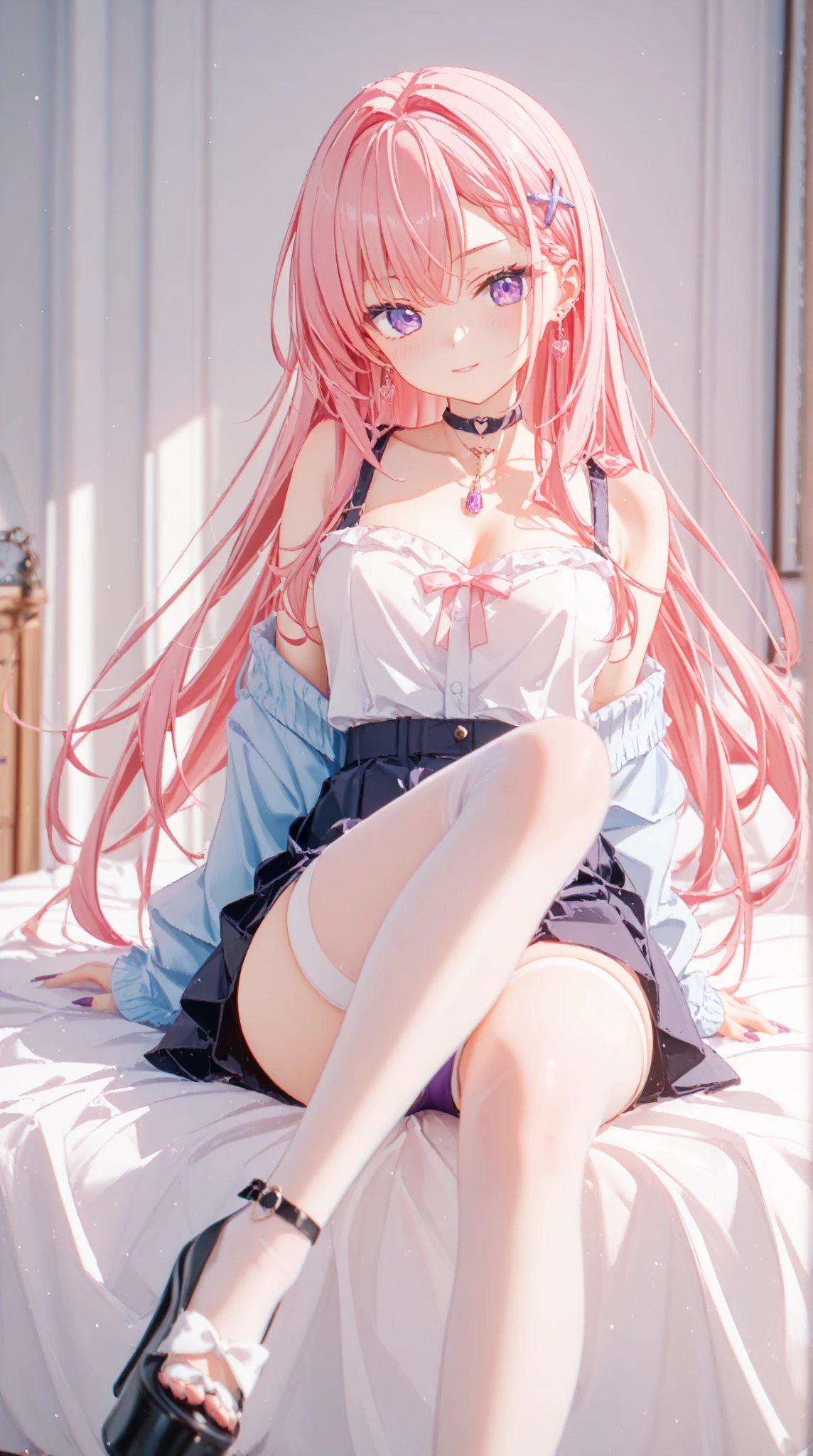 Rainbow girl,Half detail image quality,Colorful hair,Perfect look,Delicate facial features。
Shy,Be red in the face,Shameful,Pink lips,Delicate locks
bone,Wear off-the-shoulder attire,White stockings,Expose part of the chest,Lie down in bed,Spread your legs,Panties exposed under the skirt