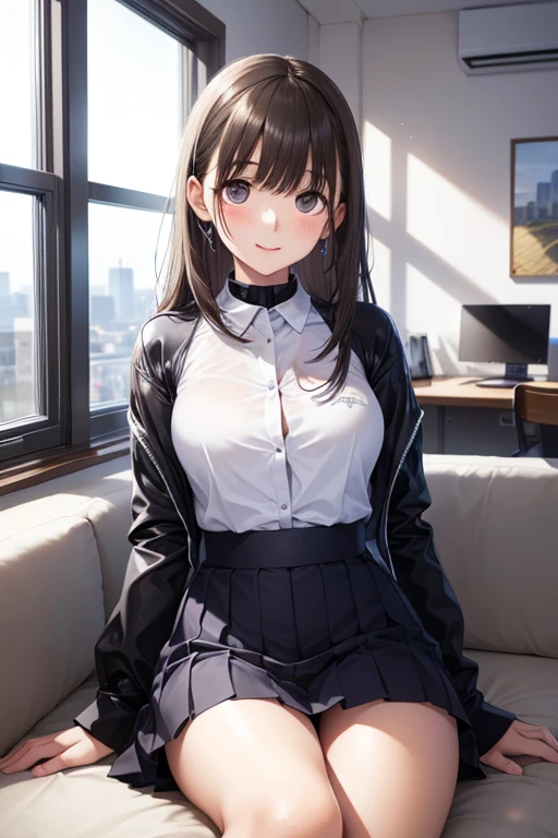 ((black pantyhose over white panties)),((1girl,cute,young,semi long beautiful black hair,blunt bangs,twin tales,beautiful eyes)),(solo),((masterpiece, highest resolution,best quality)), (beautiful illustration),(Office girl suit,dark blue jacket,white blouse,dark blue skirt,black pantyhose over white panties),(flat sitting on the office table), innocent sexy smile,Embarrassed,mouth open,showing teeth,cinematic lighting,