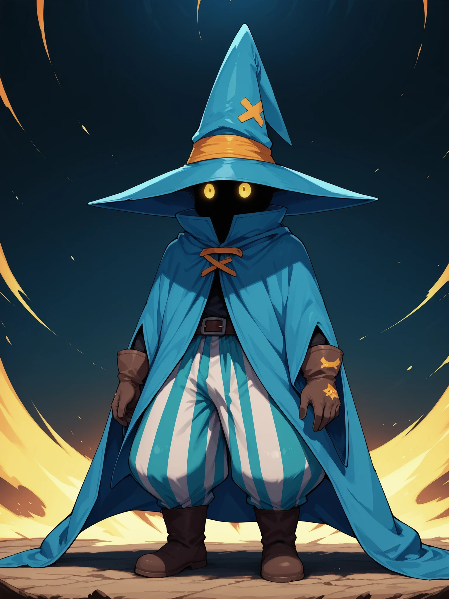 score_9, score_8_up, score_7_up, masterpiece, source_anime,solo, 1boy, ziggy, yellow eyes, shaded face, faceless, no mouth, wizard hat, striped pants,cloak, robe, gloves, puffy pants, boots, in a dynamic motion