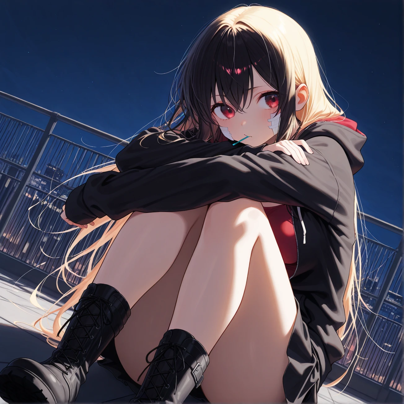 , Chisato Nishikigi, long, bangs, Blonde, (Red eyes:1.5), Baseball cap,Oversized red hoodie,mini skirt,Black knee socks,short boots,sitting leaning against the wall,rain,cloudy,Hide under the roof,whole bodyがイラストに入るように,
break outdoors, alley,
break looking at viewer, whole body,
break (masterpiece:1.2), Highest quality, High resolution, unity 8k wallpaper, (shape:0.8), (Beautiful attention to detail:1.6), extレムely detailed face, Perfect lighting, extレムely detailed CG, (Perfect hands, Perfect Anatomy),