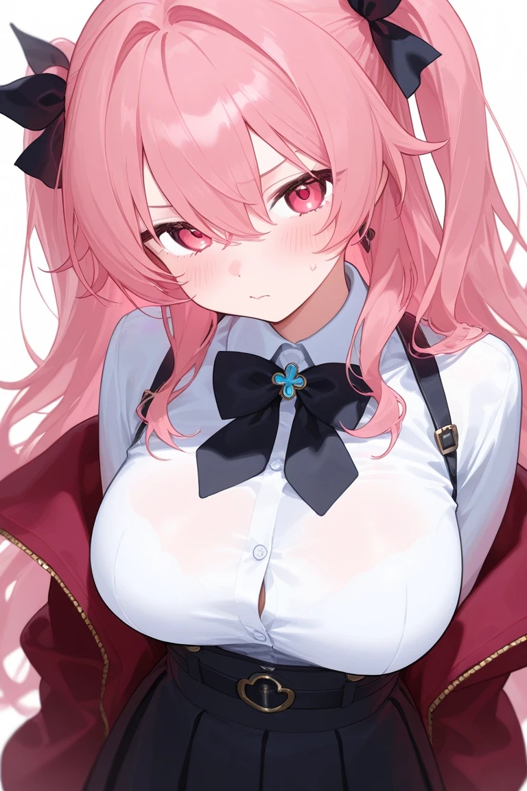 The image is of a beautiful woman wearing a tight fitting black button-up shirt with a short pleated black and white skirt. The school outfit is black with white accents. The woman has long flowing pink hair with strands of braided hair tied with red ribbon throughout. She has gorgeous green eyes that shine like emeralds. Her face is youthful and gorgeous. Her breasts are ample and seem too large for her tight fitting black uniform top. She is short in height but well developed -a short stack. She blushes as you look at her. She's standing in the doorframe to your bedroom. Slightly embarrassed and nervous but also excited to be with you. The image is ultra detailed with gorgeous colors, perfect line work, and detailed shading.