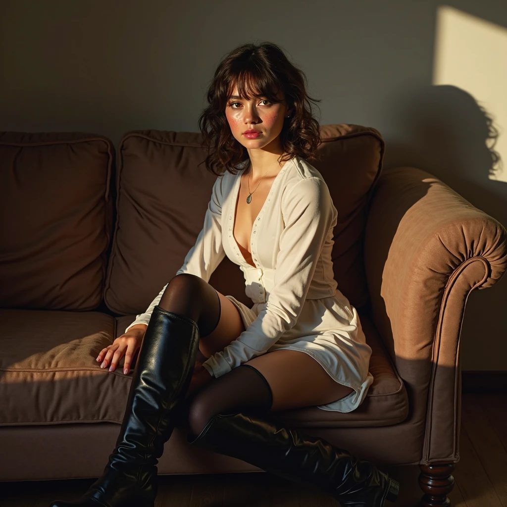 1 very fair skin brown hair woman, short hair that stops at chin, Sit on the chair,Eyes look at bootlack high gloss rain boots, 8K resolution,Wallpaper masterpiece,Best quality,Highly meticulous,Ultra high quality,increase brightness