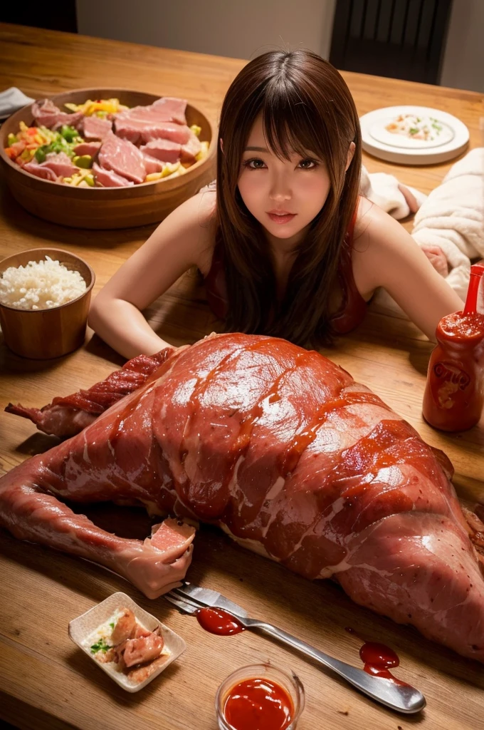 (((Shot from above))), Cowboy shot, White skin, (Masterpiece: 1.4), (Best quality: 1.4), Beautiful girl, ((Nipples: 1.1)), Cute smile: 1.2, Teeth, (( Big) breasts)), ((big breasts)), ((big breasts)), ((model body type)), Japanese, 20 years old, cute face, (sad face: 1.2), ((bondage costume)), Bondage, harness, O-ring, gaze, short hair, barbecue, iron plate, raw meat, ((whole body) wet water, wet hair)), (((a large amount of raw meat around the woman))), (((woman) A large amount of raw meat around her breasts))), (((on her back on the iron plate))), (whole body: 1.6), (((breast exposure))), (((nipple exposure))), (( (breast exposure))), (((nipple exposure))),