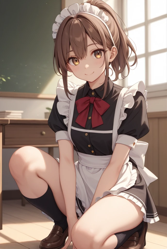 1 girl, , alone, lift your legs, 长长的hair, skirt, tangerine_hair, maid_have, watch_take a step back, watch_Shown in_look at the audience, through bangs, Black_lift your legs, Blushed, Black_skirt, he himself, short_sleeve, clothes are_lift, wrist_arm cuffs, Deco, skirt_lift, Big deal_, lifted_pasado_self expression, Translucent liquid comes from_Shown in后面, maid, fluffy_short_sleeve, side lock, fluffy_sleeve, crop_top, blunt_through bangs, , awago outh, Big deal腿, Black_have眼睛, chair, kneeling, frilly_skirt, _go out, Shown in室内, window,