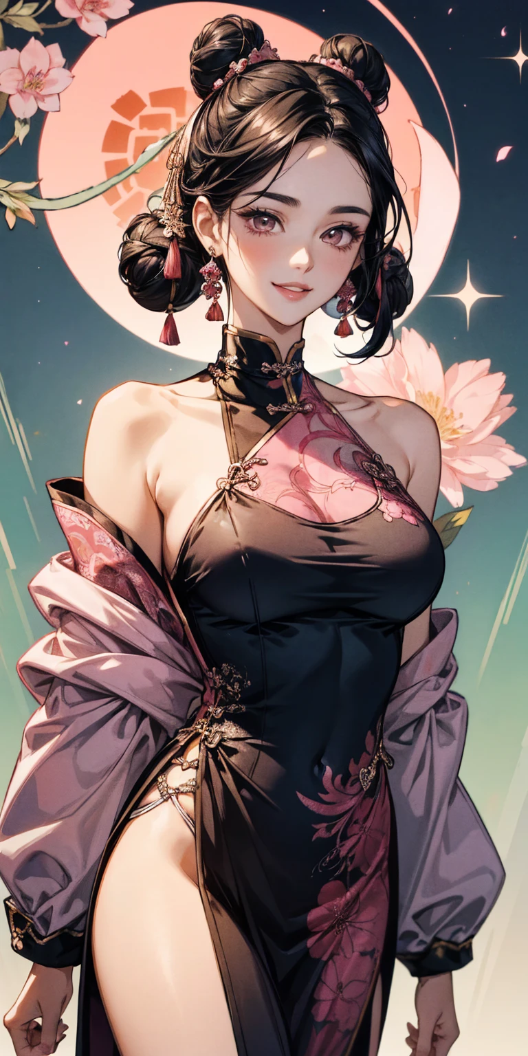 ((((Mucha style)))),(Vulgar),((JK girl)), open leg stand, (from thigh up),Too big,Pompadour,(Put your arms behind your back:1.2),((Sex addiction))((highschool uniform)), ((highschool skirt)) on (少し見えている panties), Half of it sticks out from the clothes,(High position:1.6),((Detailed face)) smile, ribbon,