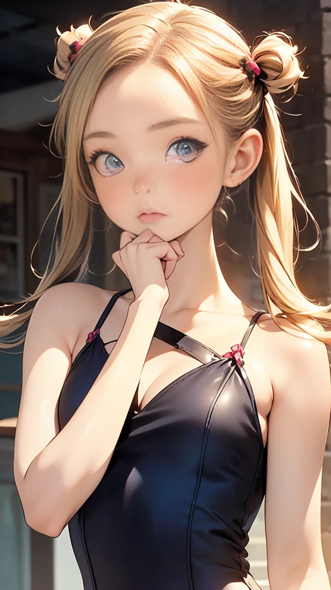 realistic, 1girl, beauty, small breasts, young, 16 years old, beautiful detailed eyes, half body potrait, close up, black twin tails, gleaming skin,smile shy, asymmetrical bangs, in the bedroom, longeyelashes, solid circle eyes, light smile, ear blush, armpit, sexy lips, sweaty body and armpit, cute black sport bra, blonde hair, blue eyes,

