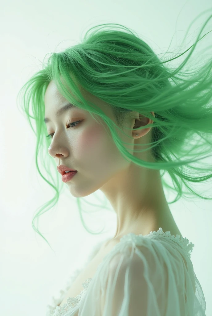 an image of a person with a flowing, sculptural hairstyle and garment that echo the movement of water. The hair and attire should be crafted with smooth, swirling patterns that extend and blend into each other, in a seamless and organic fashion. The color scheme should be a gradient of turquoise to aquamarine, set against a neutral gray background to emphasize the subject. The subject's pose should be elegant and poised, with a front view showcasing refined features and a calm, contemplative expression. Add a detailed, ornate earring to the subject to bring an additional element of sophistication. The lighting should cast soft shadows to define the swirling forms, creating a luxurious and modern aesthetic."