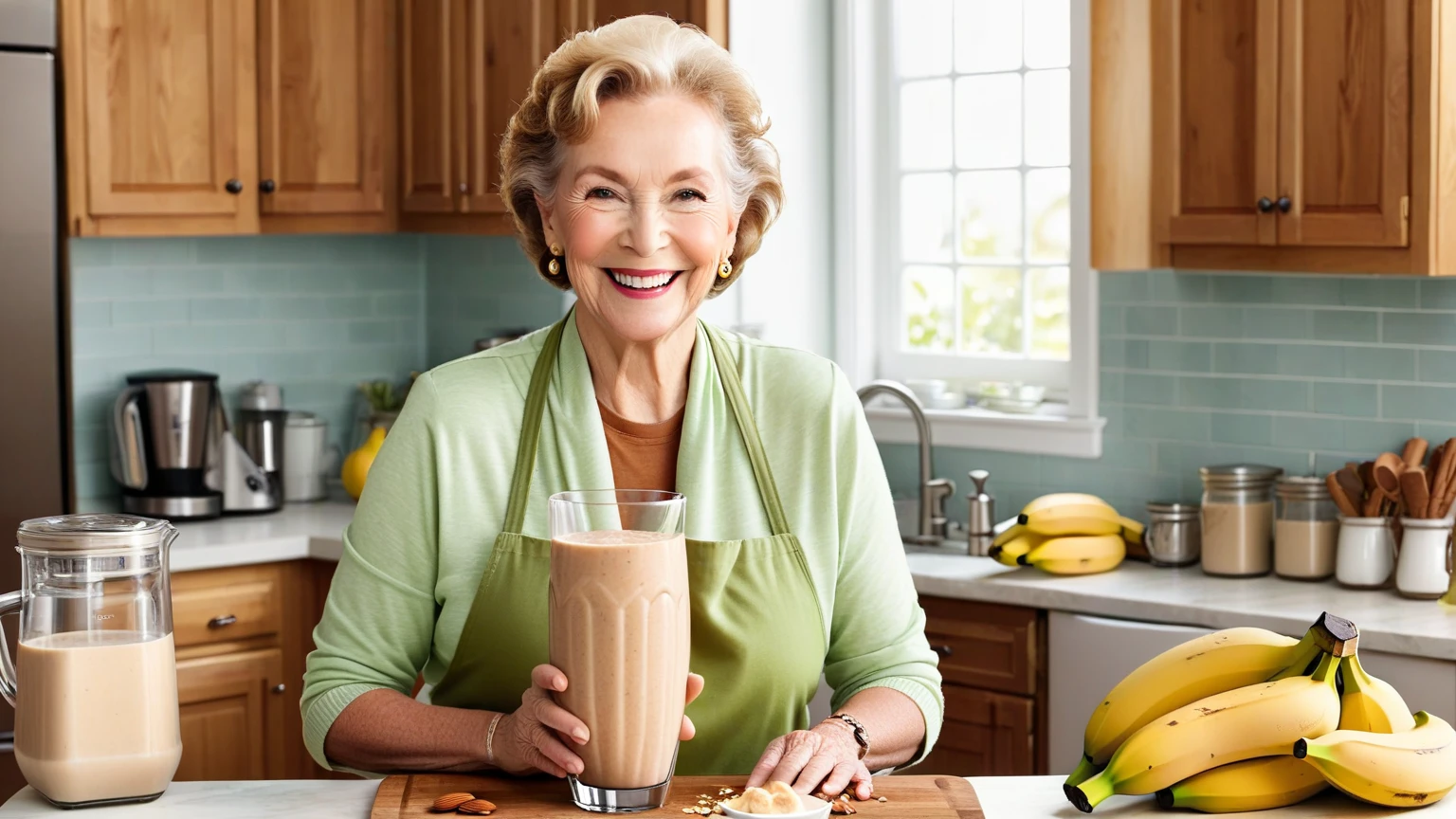 <lora:Madelyn_Stillwell:0.9> madelyn stillwell, blonde hair, realistic, shirt, smile, jewelry. She is holding bottles with milk in a office. Sign in the back says "Vought Tower"