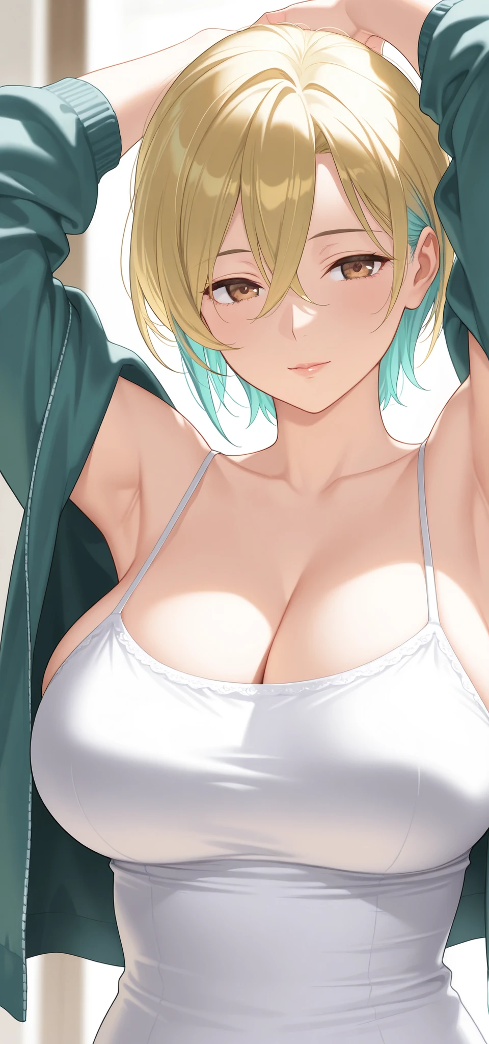 Highest quality、Best image quality、masterpiece、One Girl、26 years old、Best Bust、Big Breasts、Beautiful Eyes、tsunade, Blonde Hair, Green Eyes、Bikini Top Holder, White leggings、Sweat, blush, Narrow eyes, Sleep on your back, Raise your legs, Spread your legs, Grab your knees, On the floor, Natural light、Shallow depth of field、Lens flare、