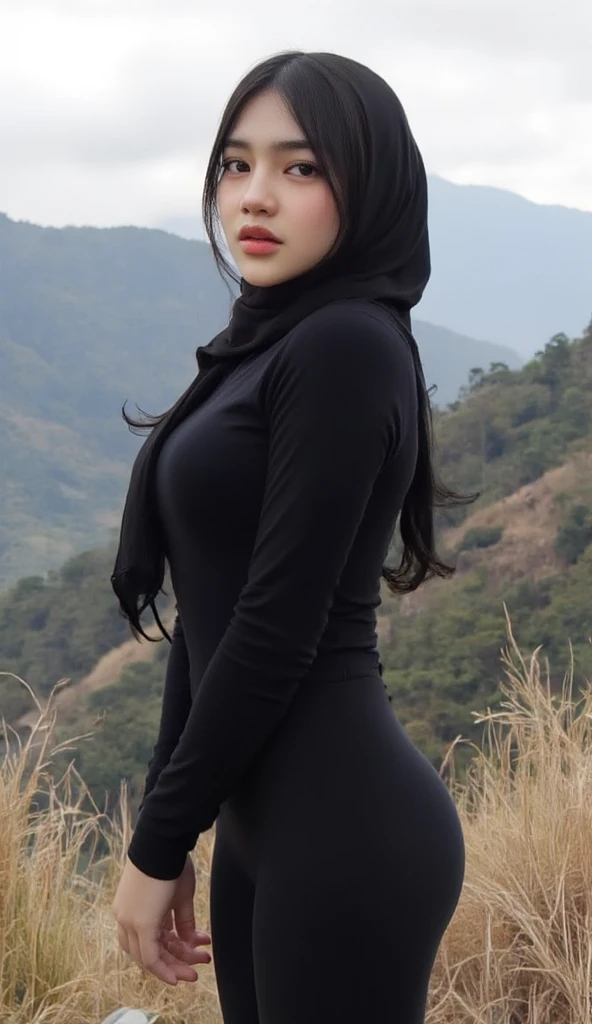Two 20 yo woman with slim body and big breast ,red hijab,black sweater, short red skirt, soothing tones, muted colors, high contrast, (natural skin texture, hyperrealism, soft light, sharp),((hills with big oak tree background)), The fabric traces the shape of the body, big breast (big size breast: 1.4) using Red skirt, giant tits, big breast, bigger breast than torso, gigantic breast, gigantic , using black sweater with red hijab, naked chest on black sweater, back view,slim body ((fullbody potrait)), two people, two girls with gigantic breast ((2girls)) ((2 girls with big breast)) ((back view: ass view)) view form back, butt view, ass view, round butt