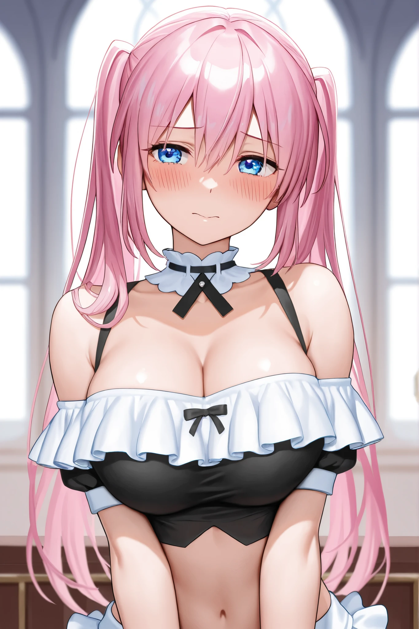 (((Browsing Caution:1.5))),{{Masterpiece:1.5}},{Detailed and beautiful depiction 1.5},Official Art,Beautiful adult woman ,Megurine Luka,Pink long hair,blue eyes,Large Breasts,Erotic smile temptation,Draw the whole body,Maid clothes,bedroom