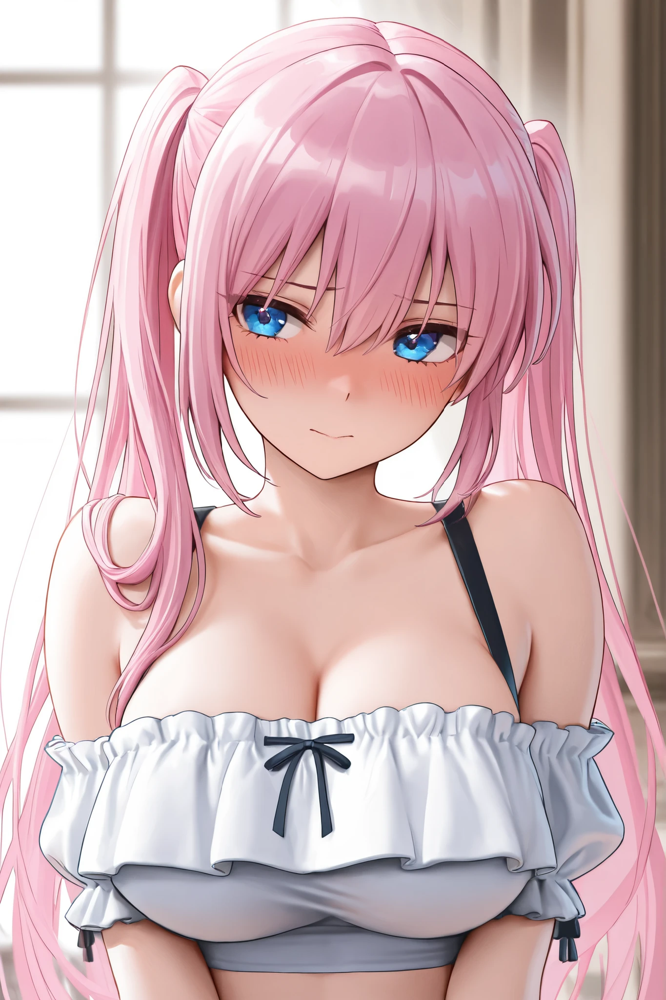 (((Browsing Caution:1.5))){{masterpiece:1.5}},{Detailed and beautiful depiction 1.5},Official Art,Beautiful adult woman 1,Megurine Luka,Pink long hair,blue eyes,Large Breasts,Facing forward,Erotic smile temptation,Sexy black bra,Sexy black shorts,Show your vagina,bedroom