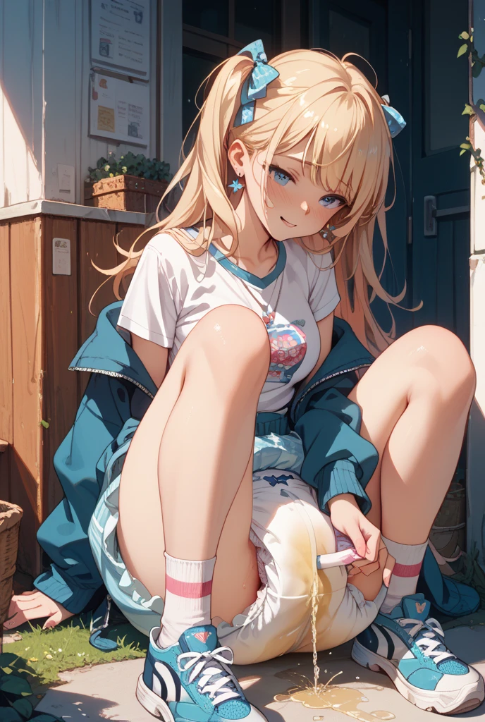 beautiful, (masterpiece:1.2), (best quality:1.2), Beautiful 10-year-old white girl with blue eyes, long swept-back straight blond hair, Happy and posing with peace signs, Pink and white frilly miniskirt, pink shirt, pink socks, white sneakers, California City background, daylight,