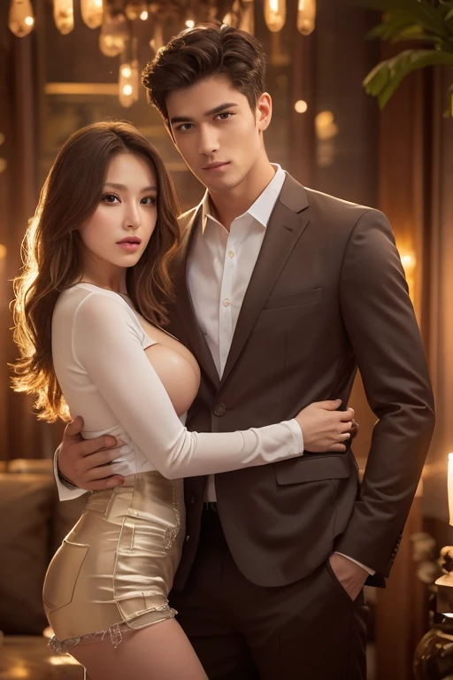 Full Body Shot、masterpiece, highest quality, One girl and one guy, A man stands behind a woman、Completely naked、Slender Young Woman、Very busty,Very heavy chest、Brown eyes, Man rubbing woman's chest、