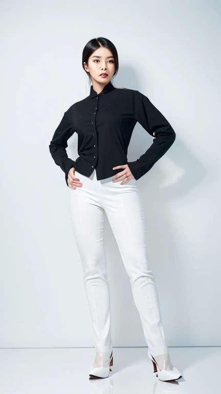 A realistic photo of beautiful italian business woman with professionnal black skirt suit, light makeup, long straight dark blonde hair, high quality, very detailed, perfect fit, looking at the camera 