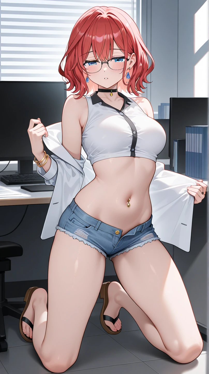 1 girl, (well shaped body), (Alone), 19 years, HDR, short red hair, blue eyes, blue short sleeve t-shirt, black pants. in a office.