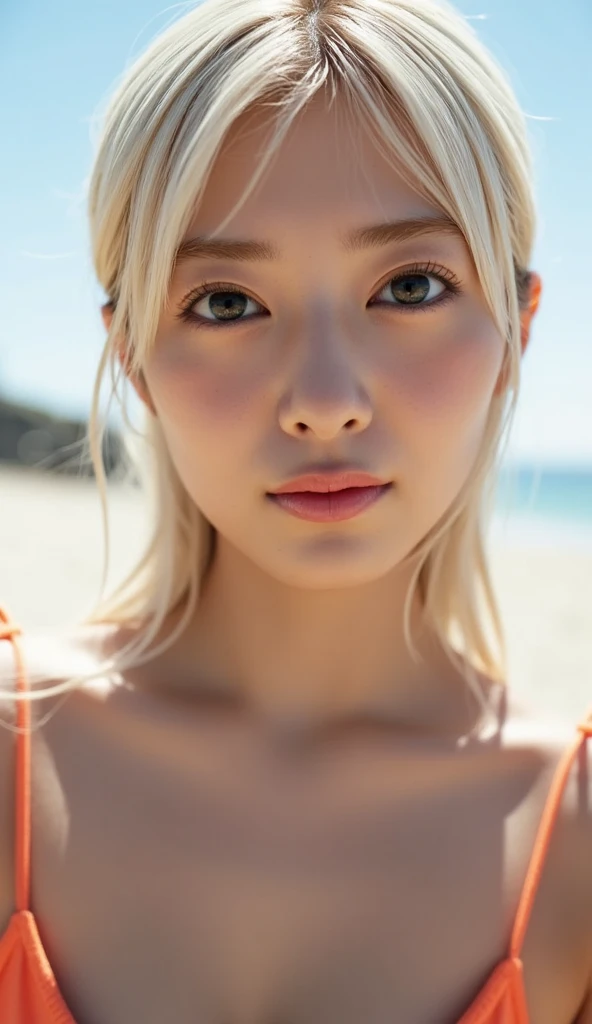 Photorealistic perfect body、Japan models、a blond、Wearing a white tight swimsuit、Happily cuddling on the beach、Enjoy、Splashes fly and hit your face、Close one eye、Healthy beauty、Sexy Full Body、Shyness and laughter、toned body