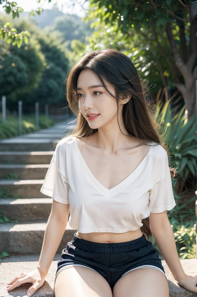 ((((top-quality))))、(((Ultra Precision CG16K Wallpapers)))、(((​masterpiece)))、(((ultra-detailliert)))、(((Ultra-extreme details)))、１Man Woman、a matural female、An 18-year-old woman、((Japanese face))、((extremely beautiful face))、((sasaki nozomi:1.5))、((Wave Perm、semi long hair:1.3))、(shinny hair)、Bangs up to the eyebrows、Beautiful brown hair、Beautiful delicate eyes、Brown eyes、raised eyebrows、lofty nose、small nostrils、small mouth、seductive lips、slightly open mouth、Beautiful breasts、C-cup size breasts、cleavage of the breast、Plump body、perfectly proportions、perfect anatomia、perfect-composition、beautiful detailed shading、Beautiful natural lighting、Beautiful detail glow、depth of fields、(((a high chroma)))、(((realisitic:1.9)))、((Vivid:1.4))、((Beautiful skin))、((Skin texture))、((Realistic skin feeling))、(((Head-to-thigh shot:1.5)))、((Frontal angle:1.5))、((a smile:1.4))、(Eyes looking at me)、Bright sunshine、(((Walking in the park:1.3)))、(Blur the background)、(((T-shirt with horizontal stripes、Denim fabric shorts wearing:1.5)))、((Wearing a necklace))、((2 arms、2 legs:1.2))、