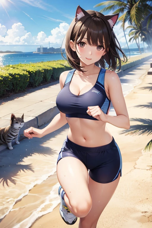 (from above:1.2),(from side:0.9), ((Face)), (Close-Up:0.4), ((looking at viewer, holding a cat)),(magazine cover:1.4), highest quality、(real、photorealistic:1.4),(ultra high resolution, 8K RAW photo, clear focus), best qualtiy, natural lighting, field depth, (Bright pupils, detailed beautiful eyes, high detailed face), Red lip, (tight focus:1.2, from below), sexy posing, seductive weak smiling, Looking at Viewer, Cinematic lighting, Perfect, softlight, High resolution skin:1.2, Realistic skin texture, body tired from sports、22 years old mature woman、a small face、beautiful-makeup、Makeup light、Shortcut Hair、dark brown hair、Bust A Cup, Amazing Cleavage:1.2, thin waist, big ass, Raised sexy, big breast: 1.2 posed cleavage:1.2、off shoulders、Sportsbra、legginullnude、cute wall background .