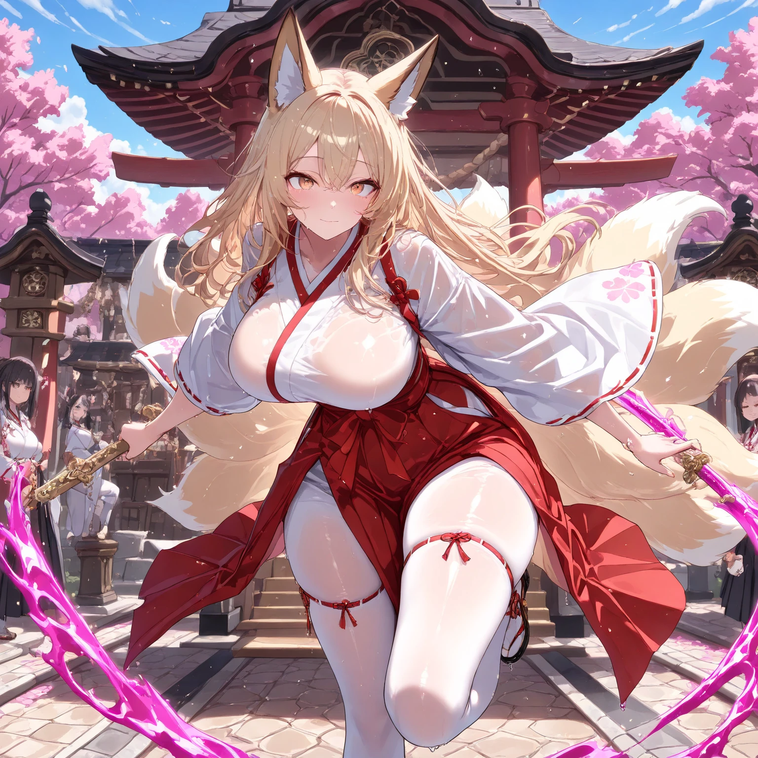 (masterpiece,best quality,very aesthetic),(ultra-detailed),high saturation,nsfw,girl,16 years old,solo,curvy,large breasts,thicc,(one fox tail,blonde fox ears,medium hair,low ponytail,blonde hair,messy hair,under-rim glasses),sideboob,long sleeves,empty eyes, gray eyes,(belly chain,fusion of gold trimmed white miko and highleg leotard,luxurious decoration),Expressionless,light smile,Mysterious,outdoors,plaza,dynamic dancing,Dancing on Stage for Japanese Shinto rituals,altar,outdoors,holding Sword with a shiny silver blade,slashing,(A mystical aura rises around girl,A mysterious aura)