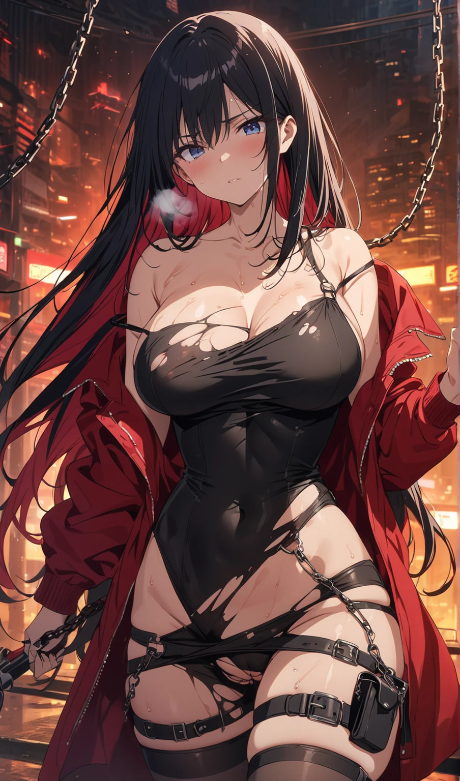 1female,15year old,bit girl,Lori huge breasts cleavage,super adorable,Small breasts,Pornographic exposure, 独奏,(Background with:ln the forest,the rainforest,in summer) She has long black hair,head band,standing on your feet,Sweat profusely,drenched all over the body,seen from the front, curlies, mostly cloudy sky,(((tmasterpiece),(Very detailed CG unity 8K wallpaper),best qualtiy,cinmatic lighting,detailed back ground,beatiful detailed eyes,Bright pupils,(Very fine and beautiful),(Beautiful and detailed eye description),ultra - detailed,tmasterpiece,)),facing at camera,A high resolution,ultra - detailed),,revealing breasts,Bare genitalia, Bulge,Camel toes,Raised sexy,Flushed complexion,Open-mouthed,frontage,Japanese high school girl(Wearing:Red bomber jacket,Black jumpsuits)