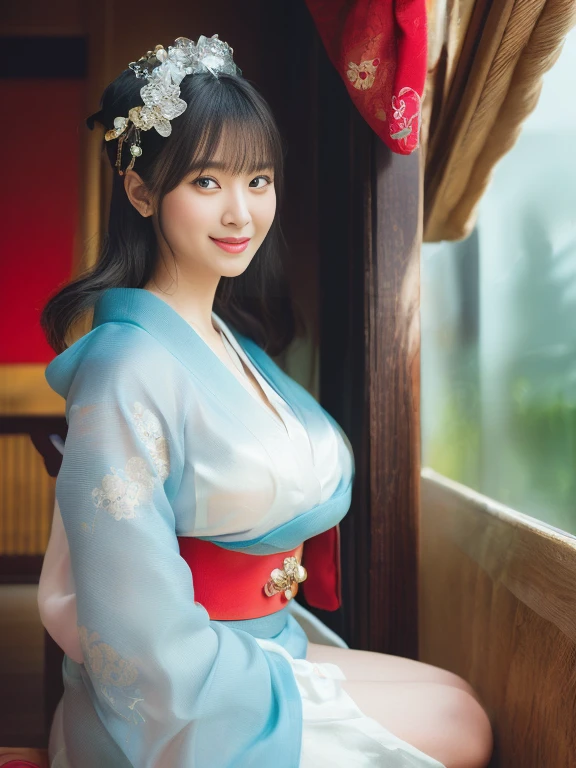 master piece,from front,standing,full body,Highest quality,Very detailed,Nikon D850 film stock photo, 1 1 1.6 Lenses, Rich colors, Realistic, Cinestill 800, Backlight, Rim Light, Studio Lighting,a girl, one girl,solo focus,alone,8k,raw photo,Japanese women,Age 25,Fair skin,Beautiful eyes,Clear,Detailed eyes,smile,teeth,french twist hair,,g cup bust,Large Breasts,valley,Chimachogori (Korean traditional costume),,background:Urban streetscape of Seoul, Korea,one girl