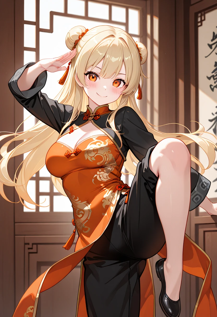 Adult woman, longue blonde hair, Brown eyes, fox ears and tail, Chinese dress, ssmile, red lipstick, Masterpiece, hiquality