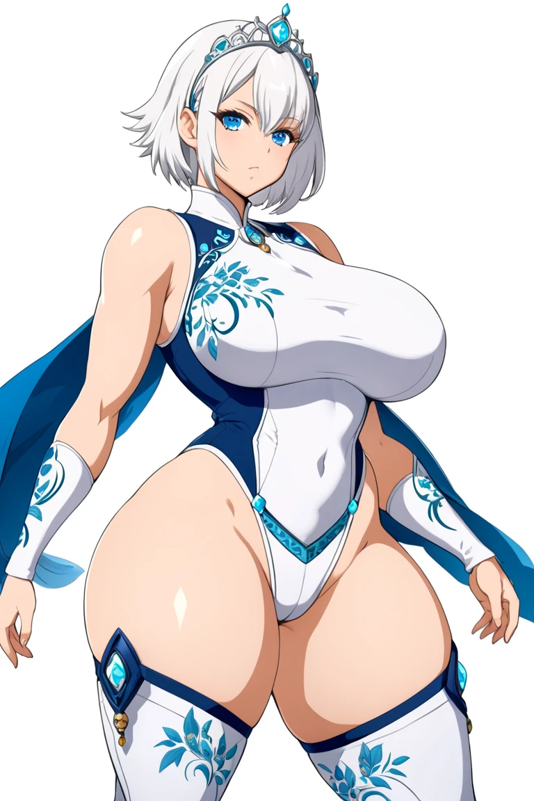 (masterpiece, best quality:1.3), Mesuki_Peropero, 1girl, solo, looking at viewer, wide hips, mature female, simple background, closed mouth, seductive smile, large breasts, cowboy shot, thick thighs, <lora:Mesuki_Peropero Style Lora:.85>, kaga(everlasting killing stone), white hair, blue eyes, fox ears, mask on head, fox mask, tail, fox girl <lora:kaga_everlasting_killing_stone:.8>