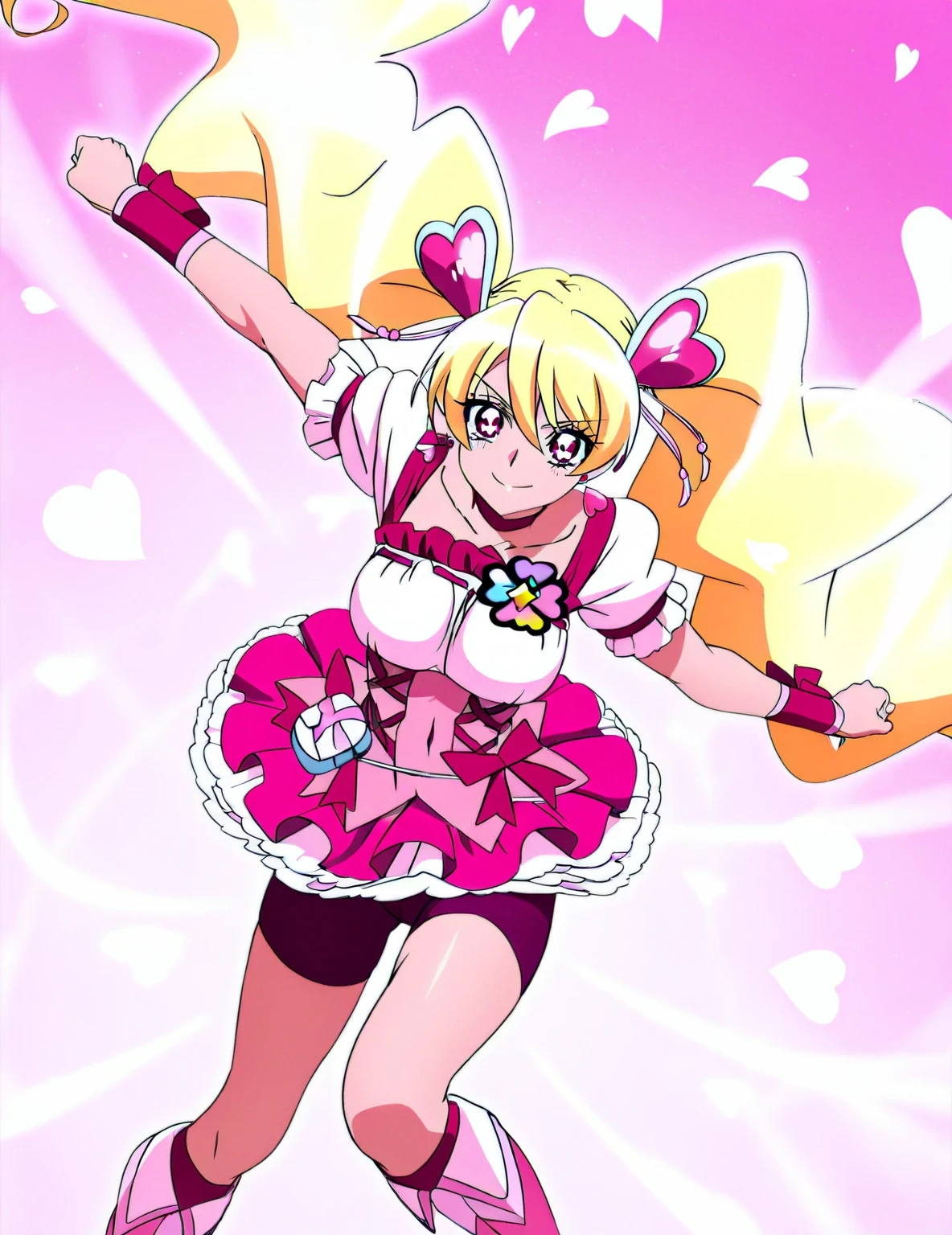score 9 、score 8 up、score 7 up、source anime、masterpiece、best quality、high definition、Highly Detailed Faces、 very detailed eyes、very detailed、anime coloring、1girl、cure peach、female character is wearing a white and pink dress、beefcake standing、blonde hair、twintails hair、floating hair、very long hair、hair between eyes、pink eyes、eyelash、heart hair ornamen、heart earrings、solo、The girl of the zodiac、magical girl、portrait The girl of the zodiac、Long Legged 、big breasts、covered breasts、very large breasts、tall girl、white puffy short sleeves、frilled sleeves、pink mini skirt、frilled skirt、layered skirt、white mini skirt under the pink mini skirt、pink bike shorts、tight bike shorts、wrist cuffs、pink neckwear、 pink choker 、jewelry、four-colored-clover ornament to left chest、pink bike shorts under the white mini skirt、pink legwear、pink knee boots、pink footwear、knee boots、heel boots、pink corset、pink bow、frilled dress、!!full body portrait!!、 magical girl style、brave beautiful、magical aura、brave sexy、anime princess、official anime style、lewd anime style、official anime artwork、cure peach outfit、hymn to the king as a princess、Covered trapezius、biceps、biceps long head、biceps short head、triceps、triceps medial head、triceps lateral head、triceps long head、brachioradialis 、covered deltoids、thigh muscles、semitendinosus muscles、covered adductor magnus muscles、brave smile、A cheerful、perfect body、perfect hands、perfect arms、perfect legs、looking at viewer、female focus、cowboy shot、beefcake style、pink background、
